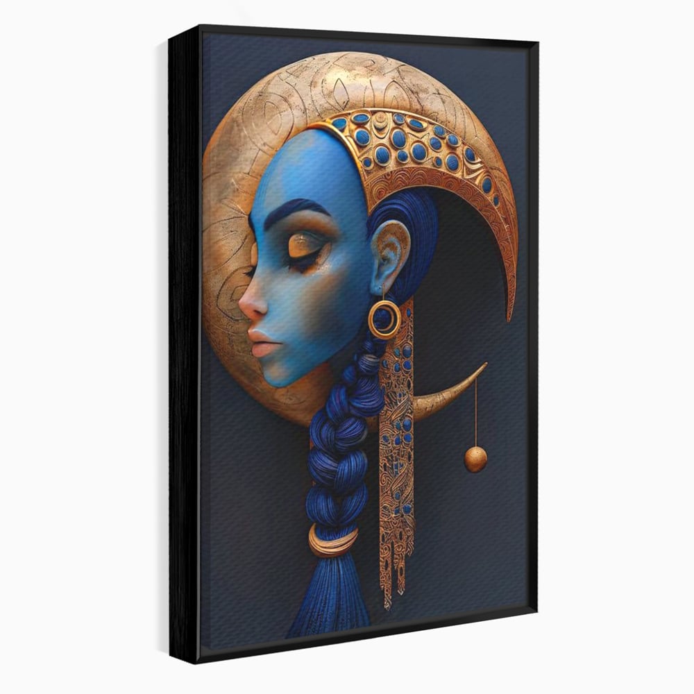 Tablou canvas cu tablou canvas portret de femeie albastra, in rama de aluminiu negru